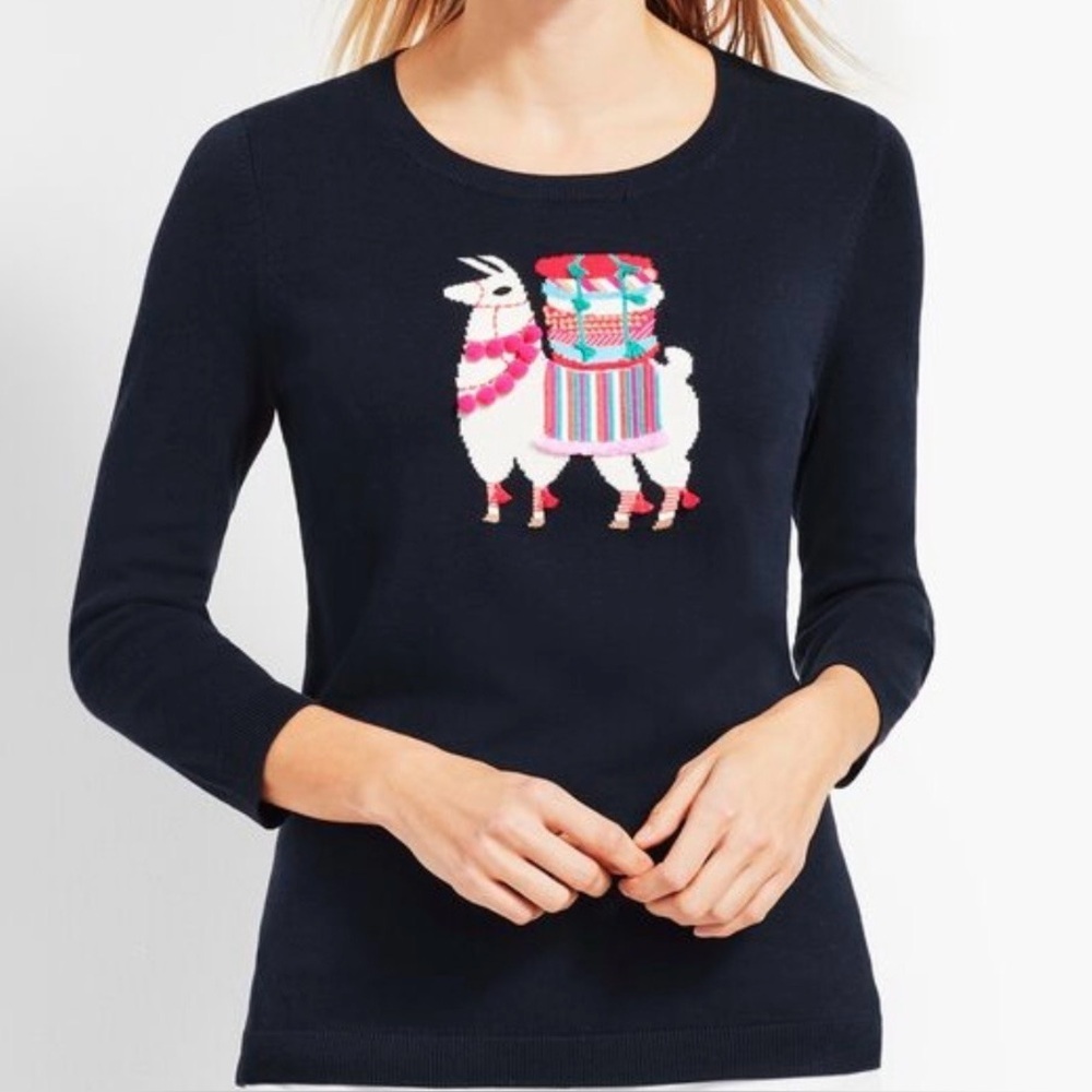 Talbots Llama embellished‎ Crewneck Sweater Navy Womens MP Festive Whimsical